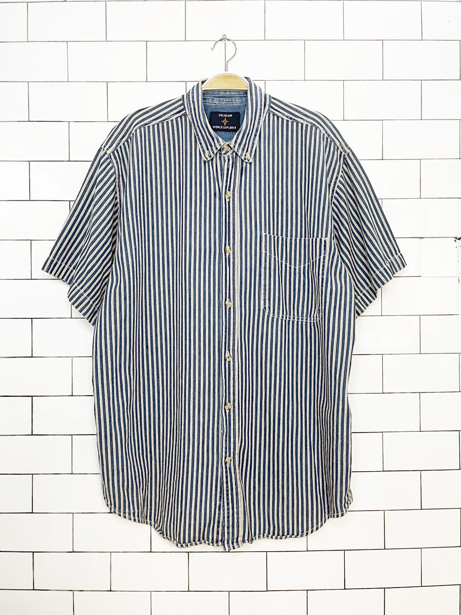 vintage 90s coliseum world explorer blue stripe full button denim shirt