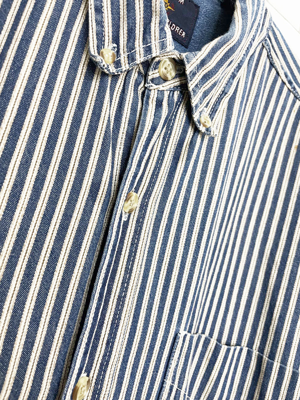 vintage 90s coliseum world explorer blue stripe full button denim shirt