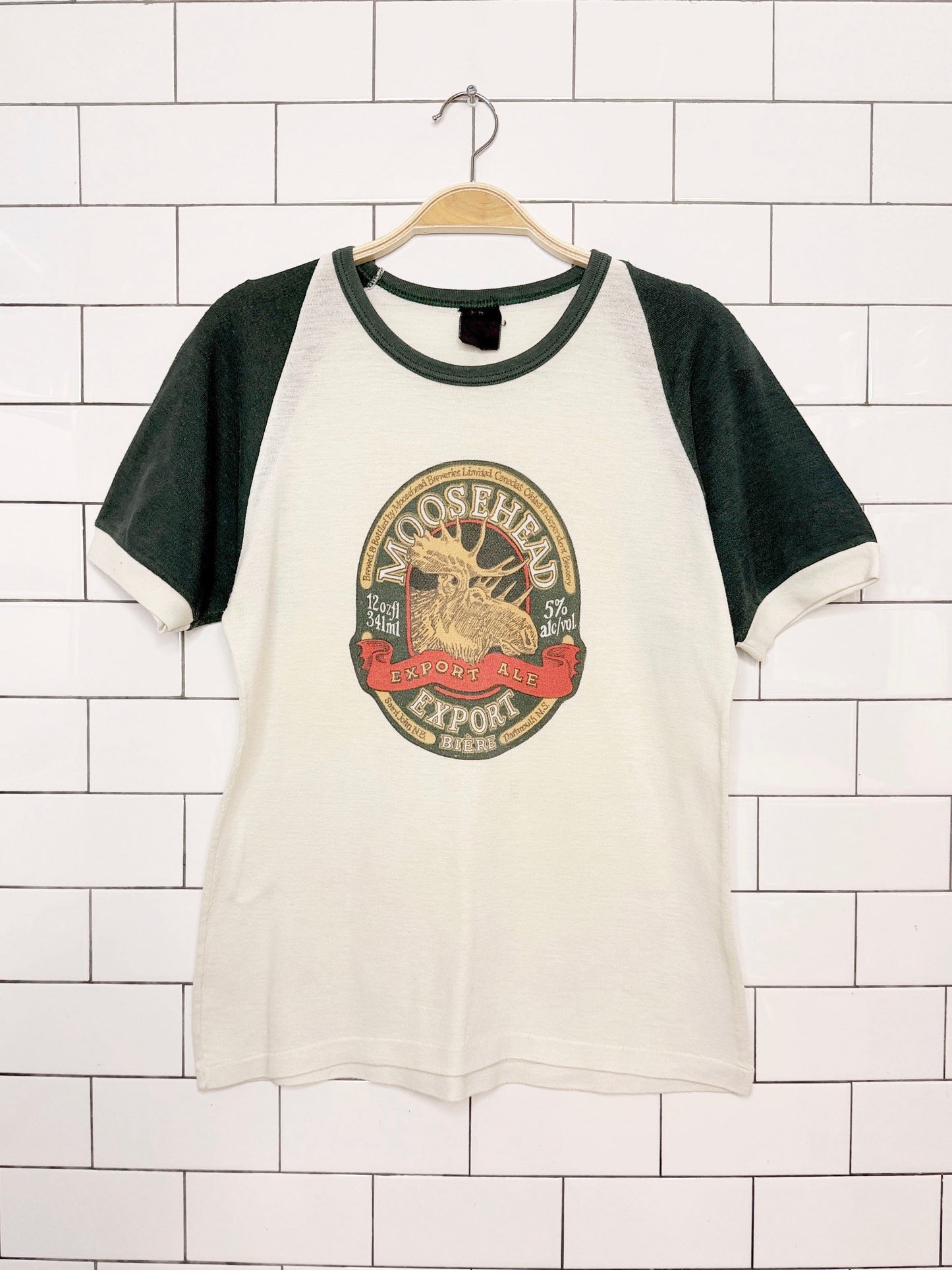vintage 80s moosehead brewery raglan ringer baseball tee