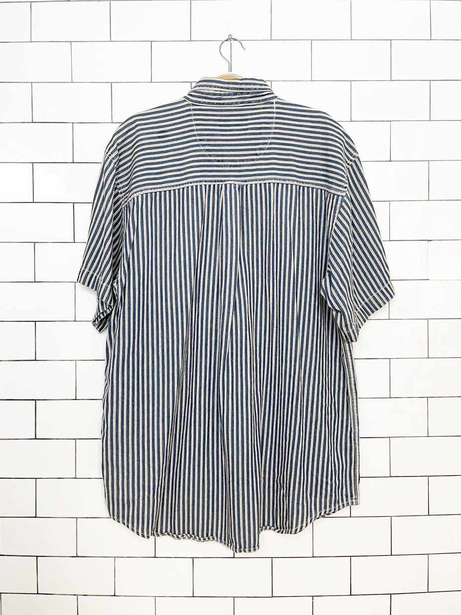 vintage 90s coliseum world explorer blue stripe full button denim shirt