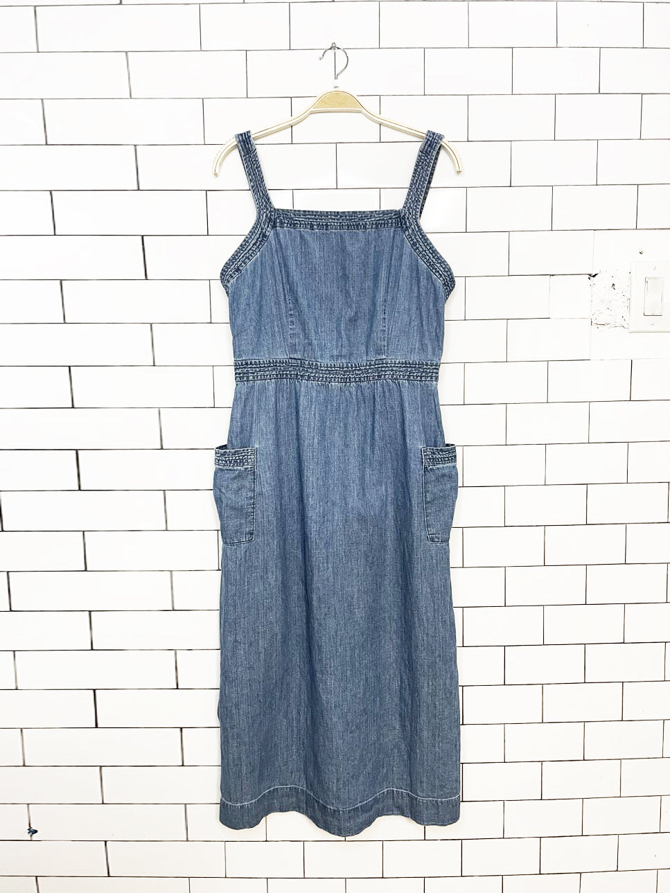 madewell apron denim back button midi dress