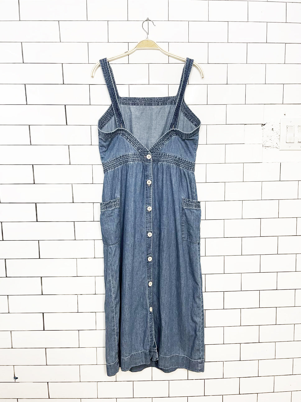 madewell apron denim back button midi dress