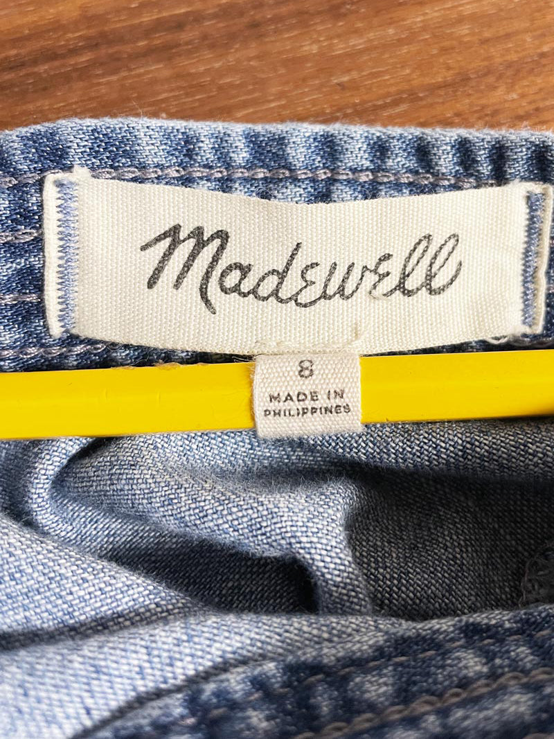 madewell apron denim back button midi dress