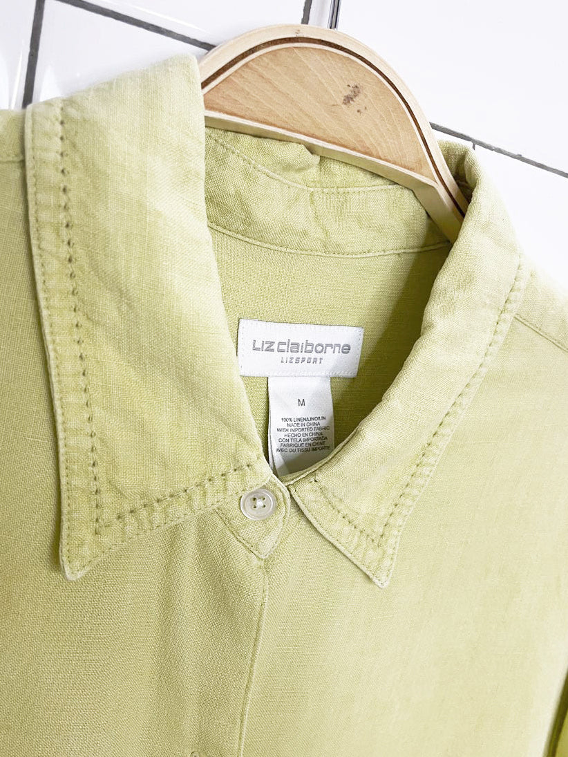 vintage 00s liz claiborne 100% linen embroidered collar full button shirt