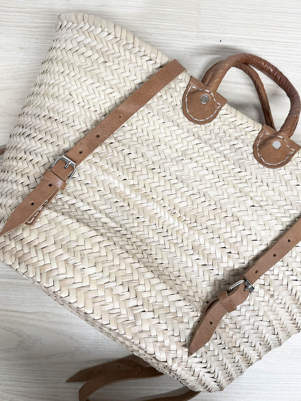 woven leather strap market bag backpack