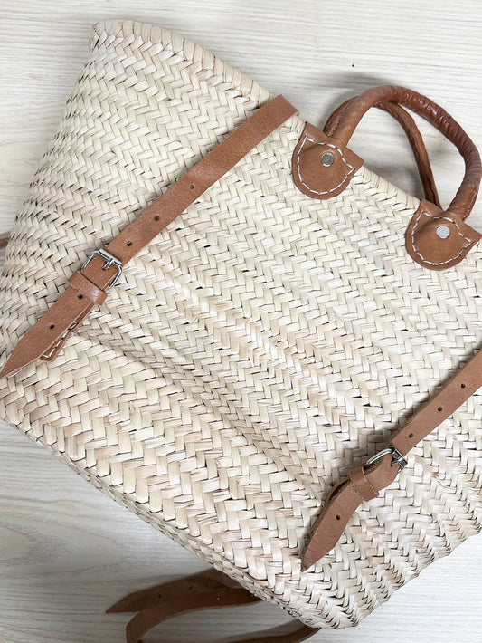 woven leather strap market bag backpack