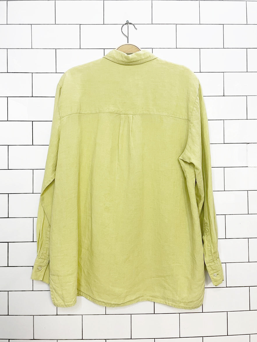 vintage 00s liz claiborne 100% linen embroidered collar full button shirt
