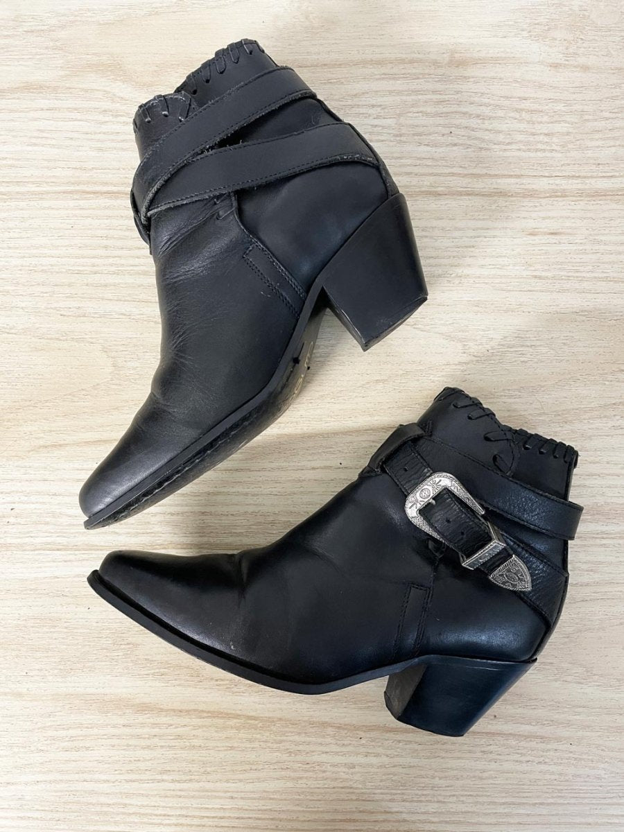 vintage 90s dingo leather western buckle heeled ankle boots - good market thrift store