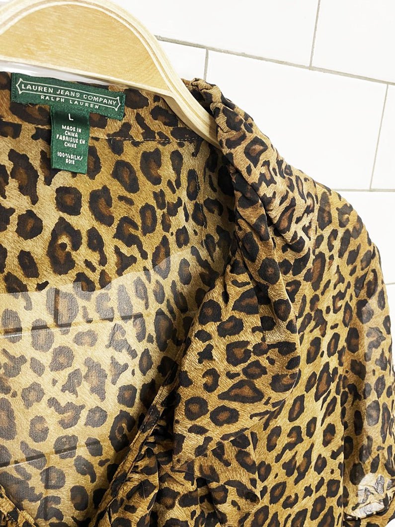 ralph lauren 100% silk animal print ruffle neck blouse | lauren jeans company