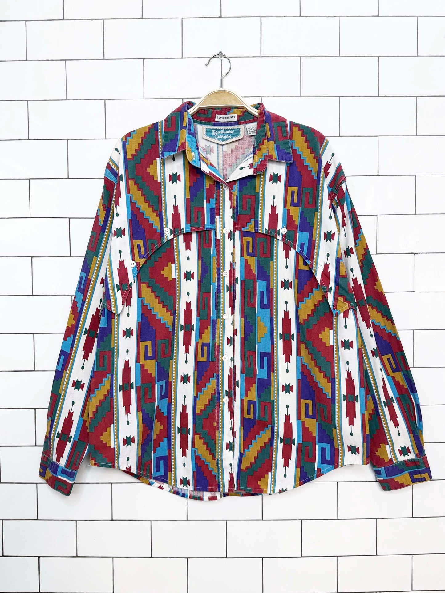 vintage 90s southwest canyon vibrant geometric western full button shirt
