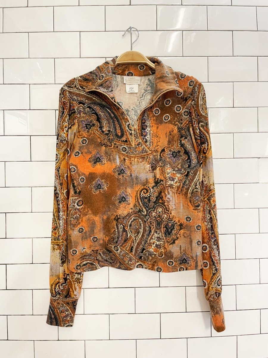 vintage linda lundstrom chiffon sleeve paisley knit 1/4 zip sweater - good market thrift store