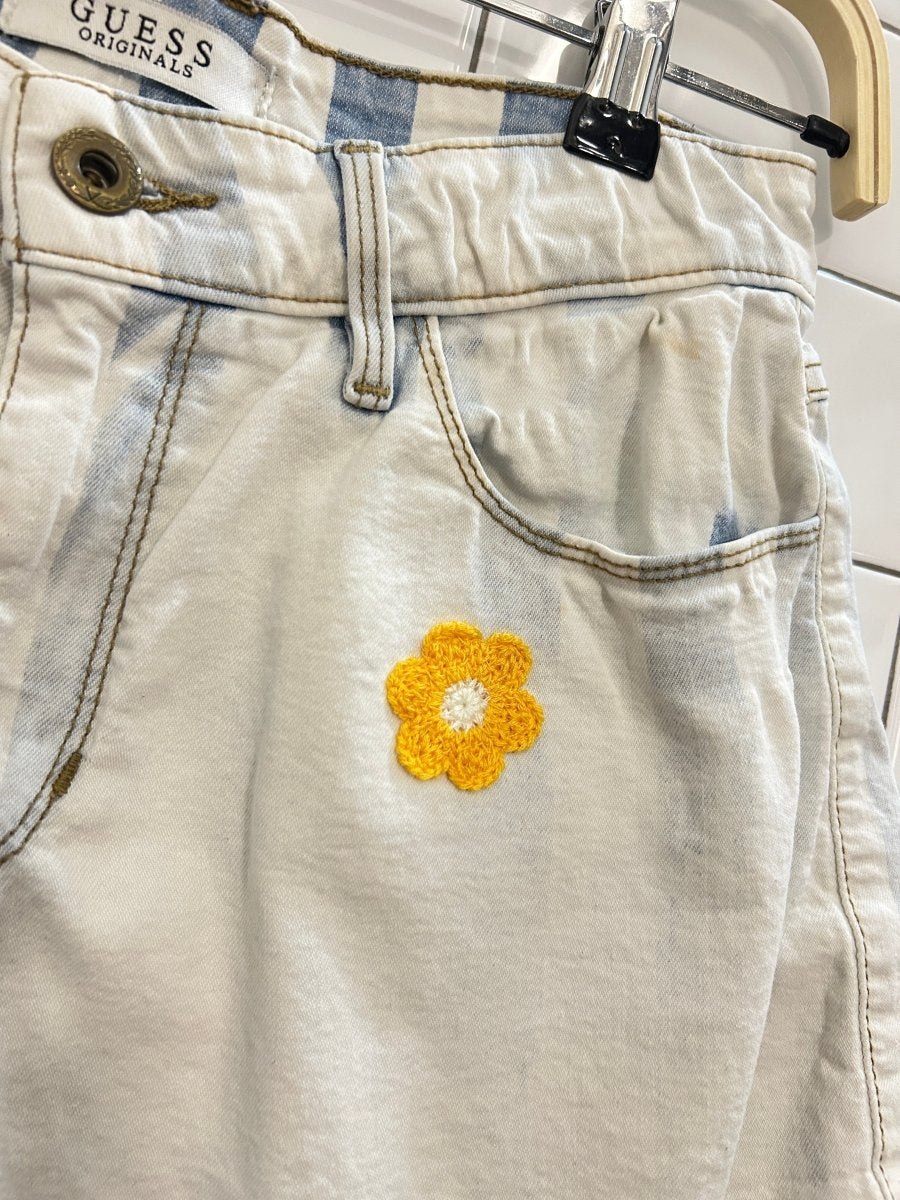 rework x vintage guess faded stripe cut off denim shorts - good market thrift store