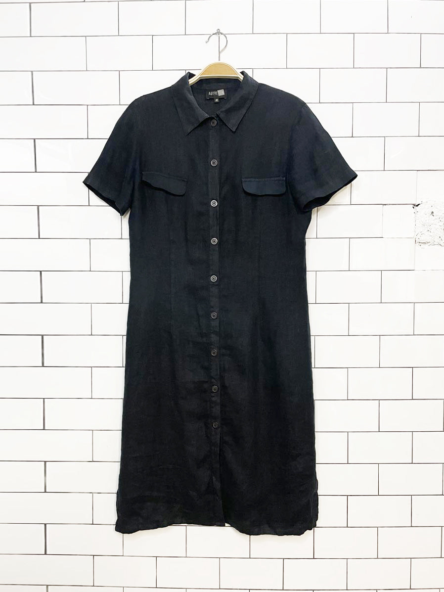 vintage autre nom linen full button fitted midi shirt dress