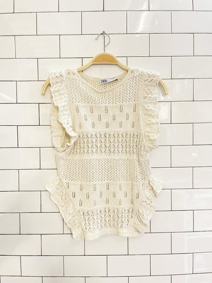 zara crochet knit ruffle sleeve top - good market thrift store