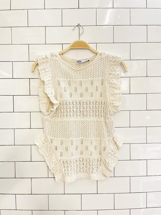 zara crochet knit ruffle sleeve top - good market thrift store