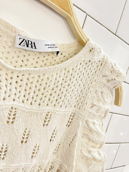 zara crochet knit ruffle sleeve top - good market thrift store
