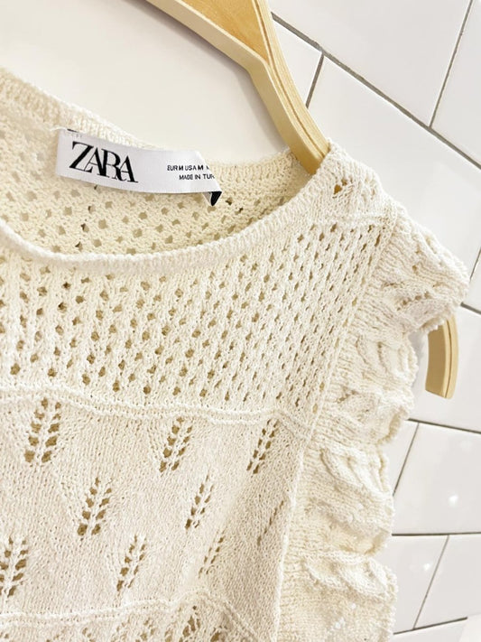 zara crochet knit ruffle sleeve top - good market thrift store