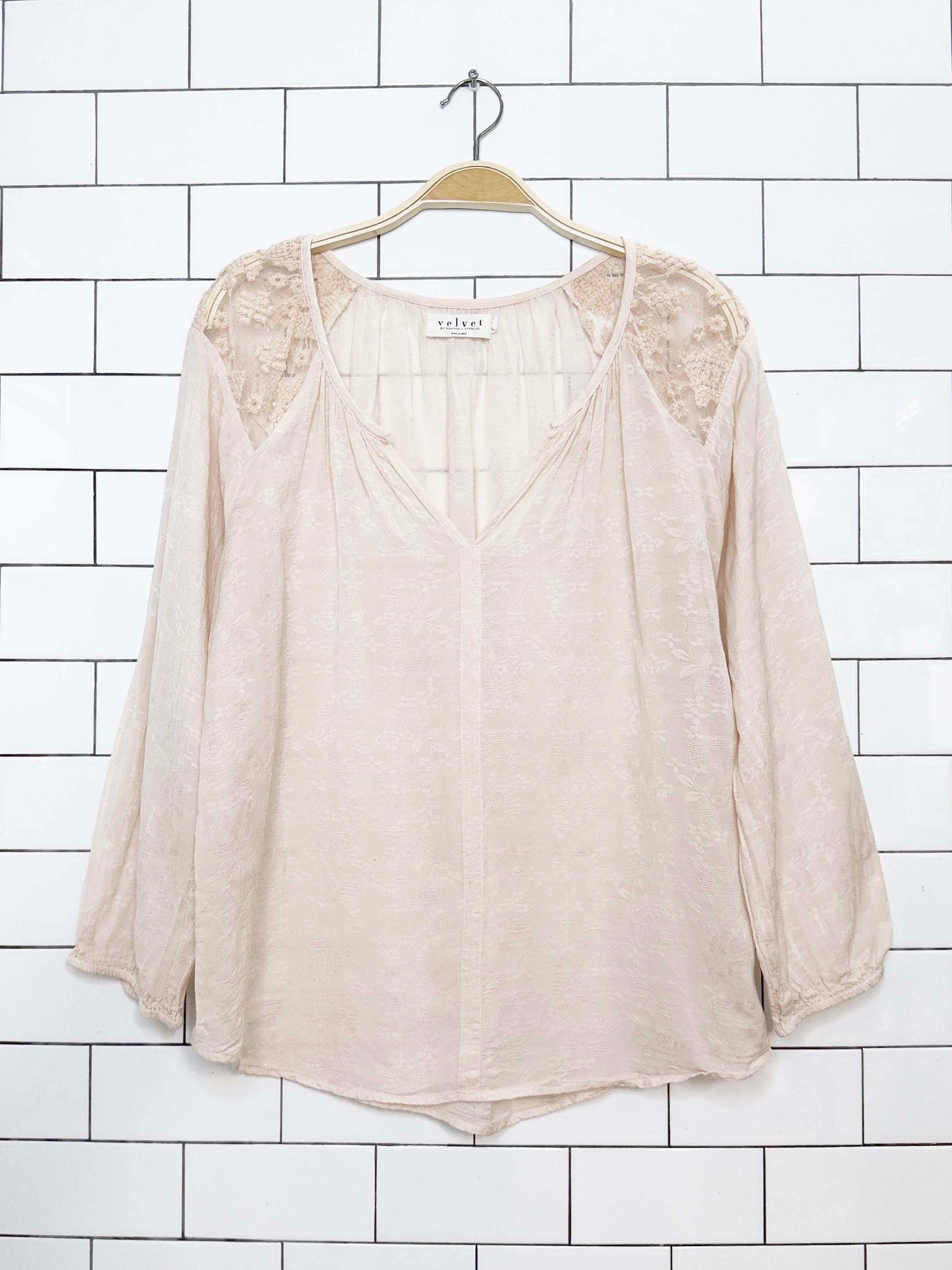 velvet by graham & spencer lace-insert balloon sleeve blouse | made in India | anthropologie
