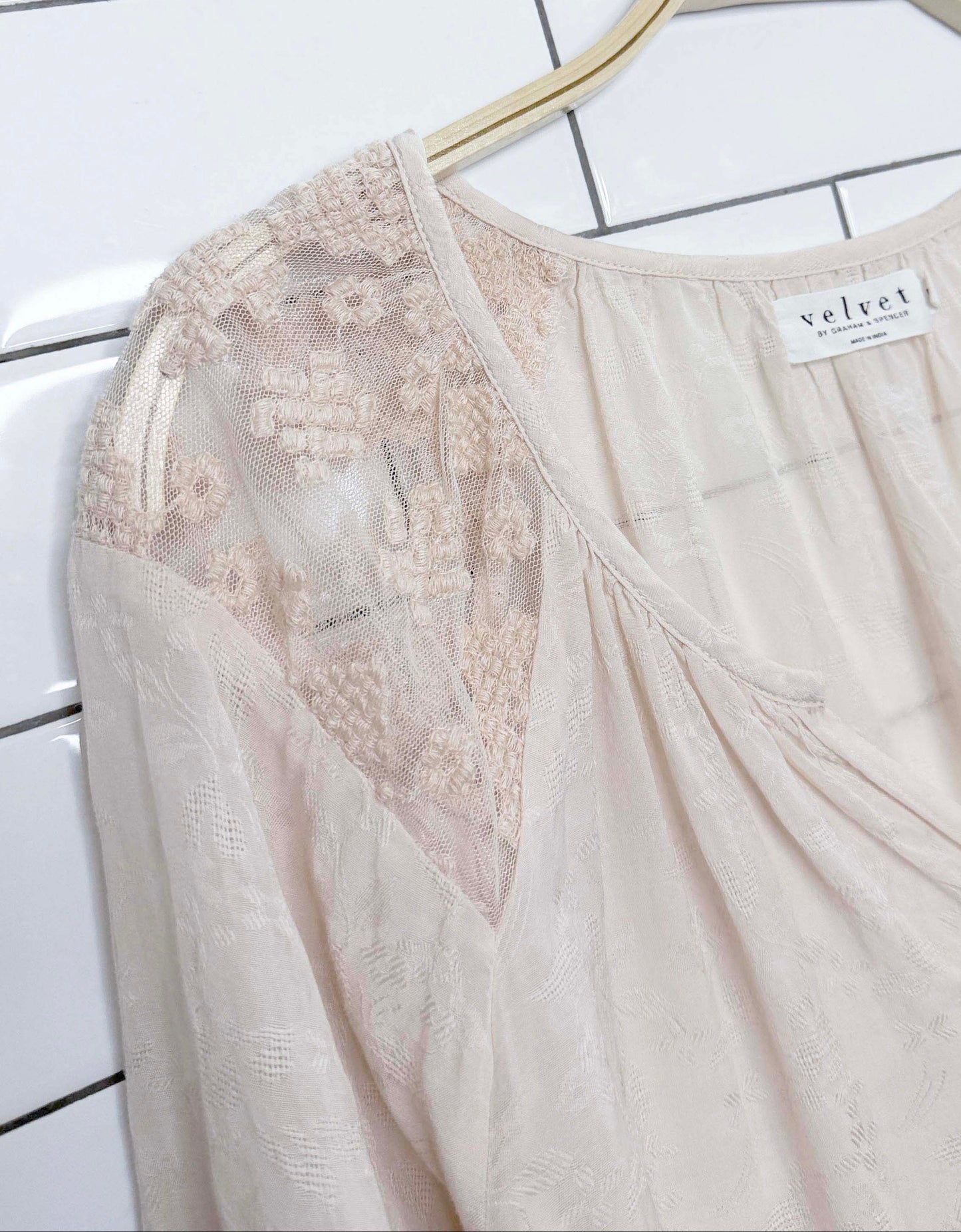 velvet by graham & spencer lace-insert balloon sleeve blouse | made in India | anthropologie