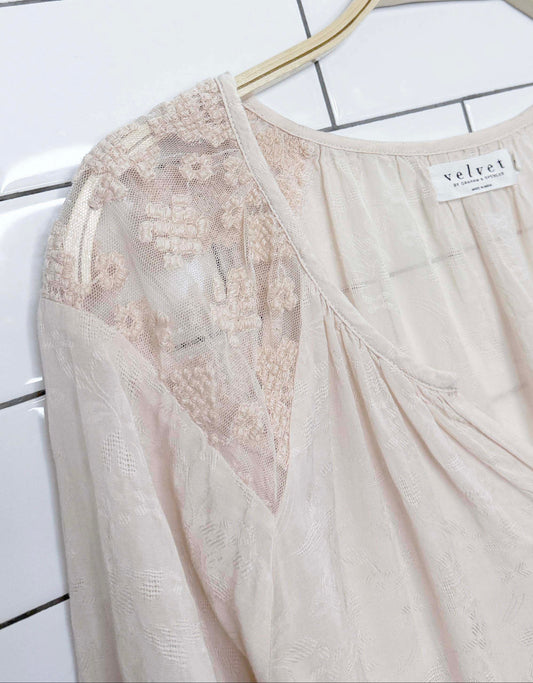 velvet by graham & spencer lace-insert balloon sleeve blouse | made in India | anthropologie