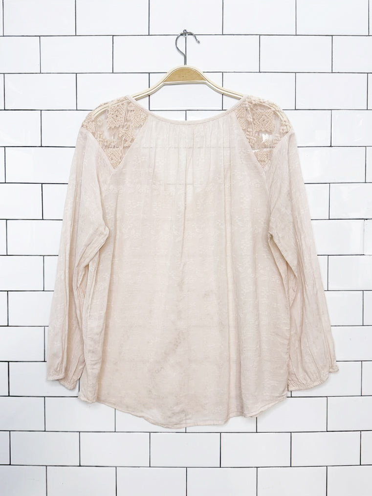 velvet by graham & spencer lace-insert balloon sleeve blouse | made in India | anthropologie