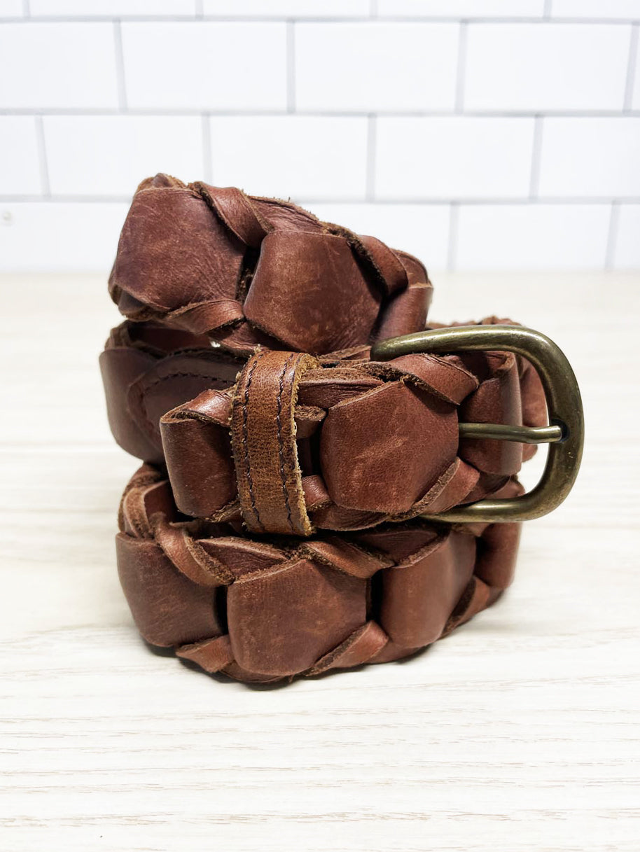 vintage braided ladder leather brass buckle belt