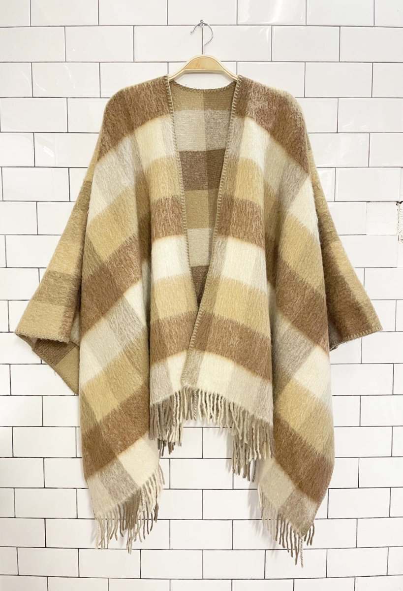 vintage mohair blanket stitch fringe hem plaid blanket shawl - good market thrift store