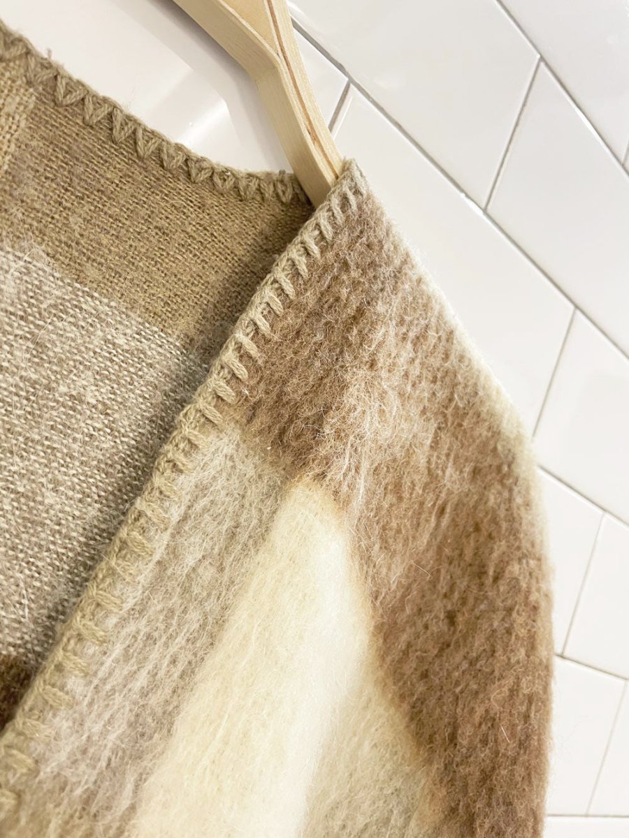 vintage mohair blanket stitch fringe hem plaid blanket shawl - good market thrift store