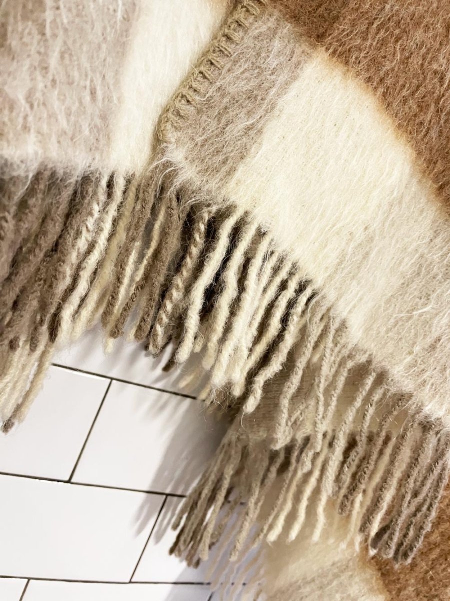 vintage mohair blanket stitch fringe hem plaid blanket shawl - good market thrift store