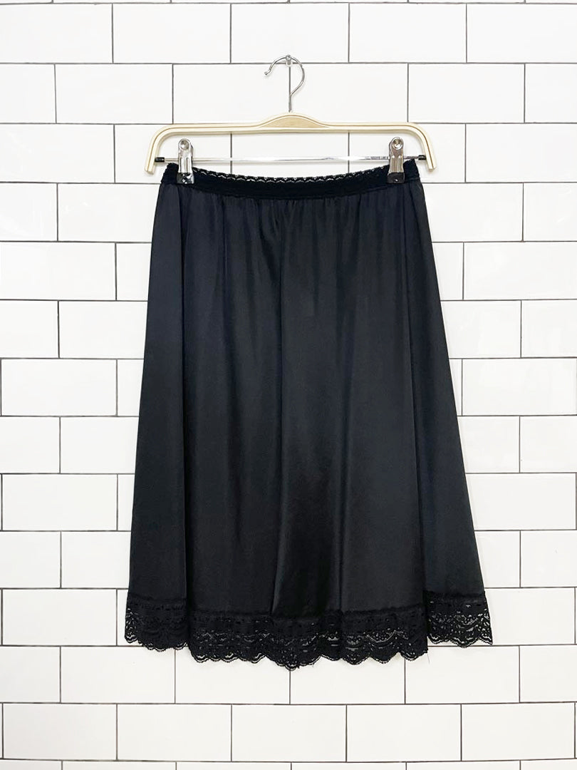 vintage olga secret hug sateen lace trim midi slip skirt
