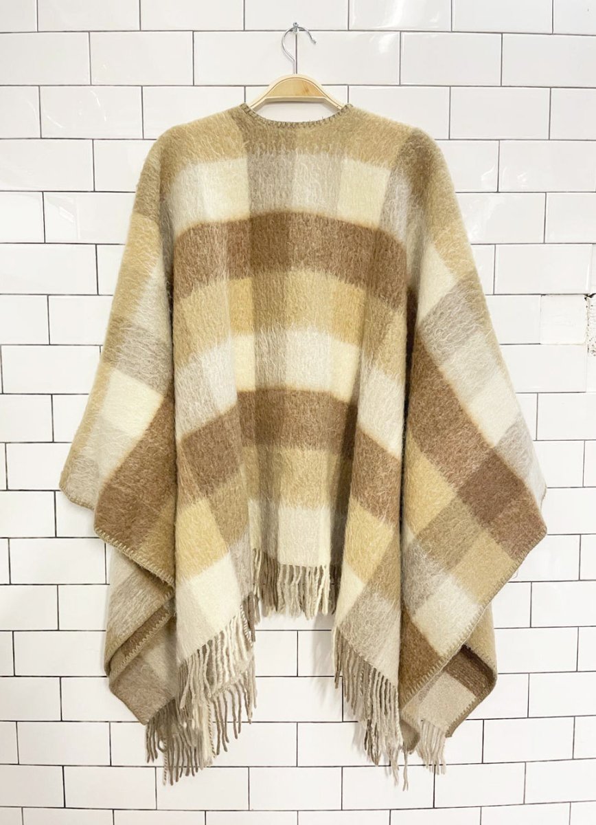 vintage mohair blanket stitch fringe hem plaid blanket shawl - good market thrift store