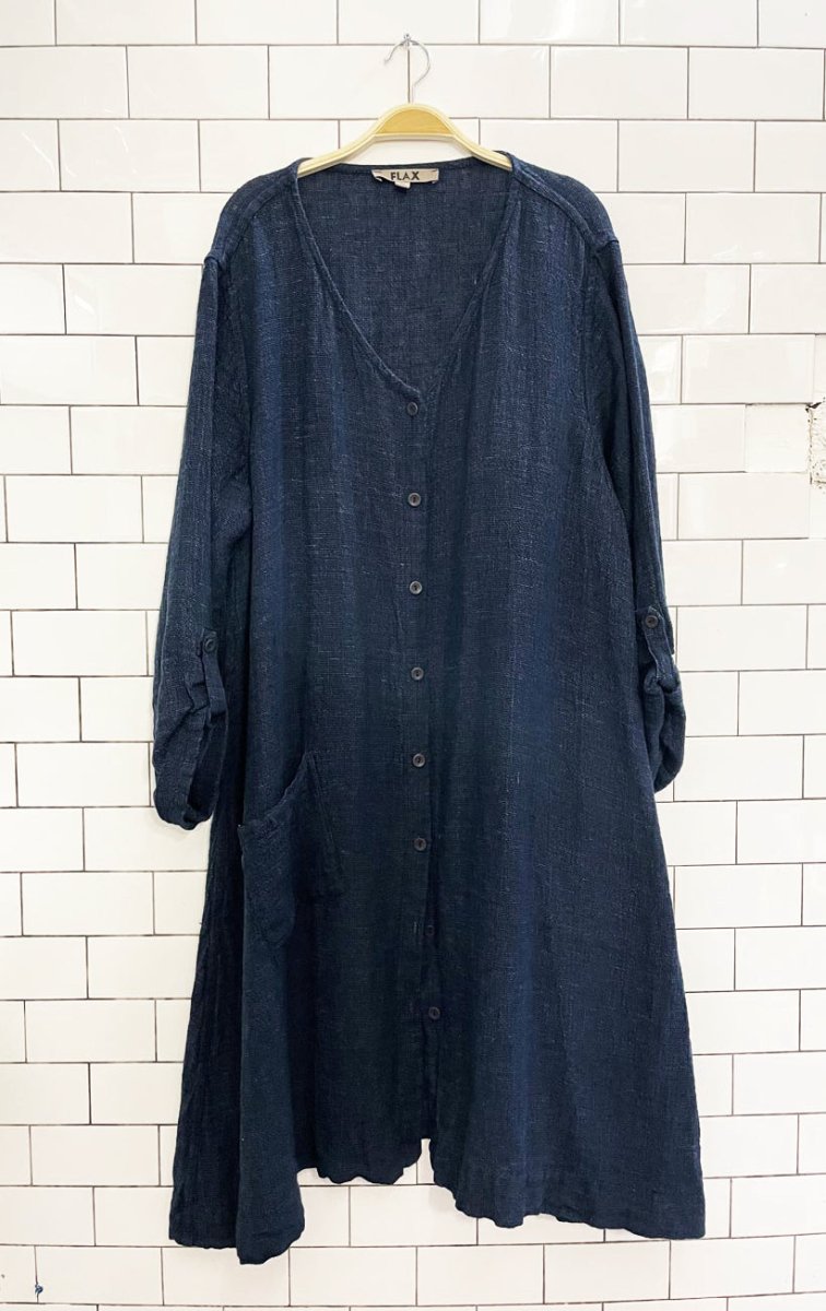 flax 100% linen textured full button midi dress / jacket - good market thrift store