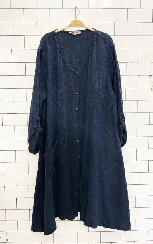 flax 100% linen textured full button midi dress / jacket - good market thrift store