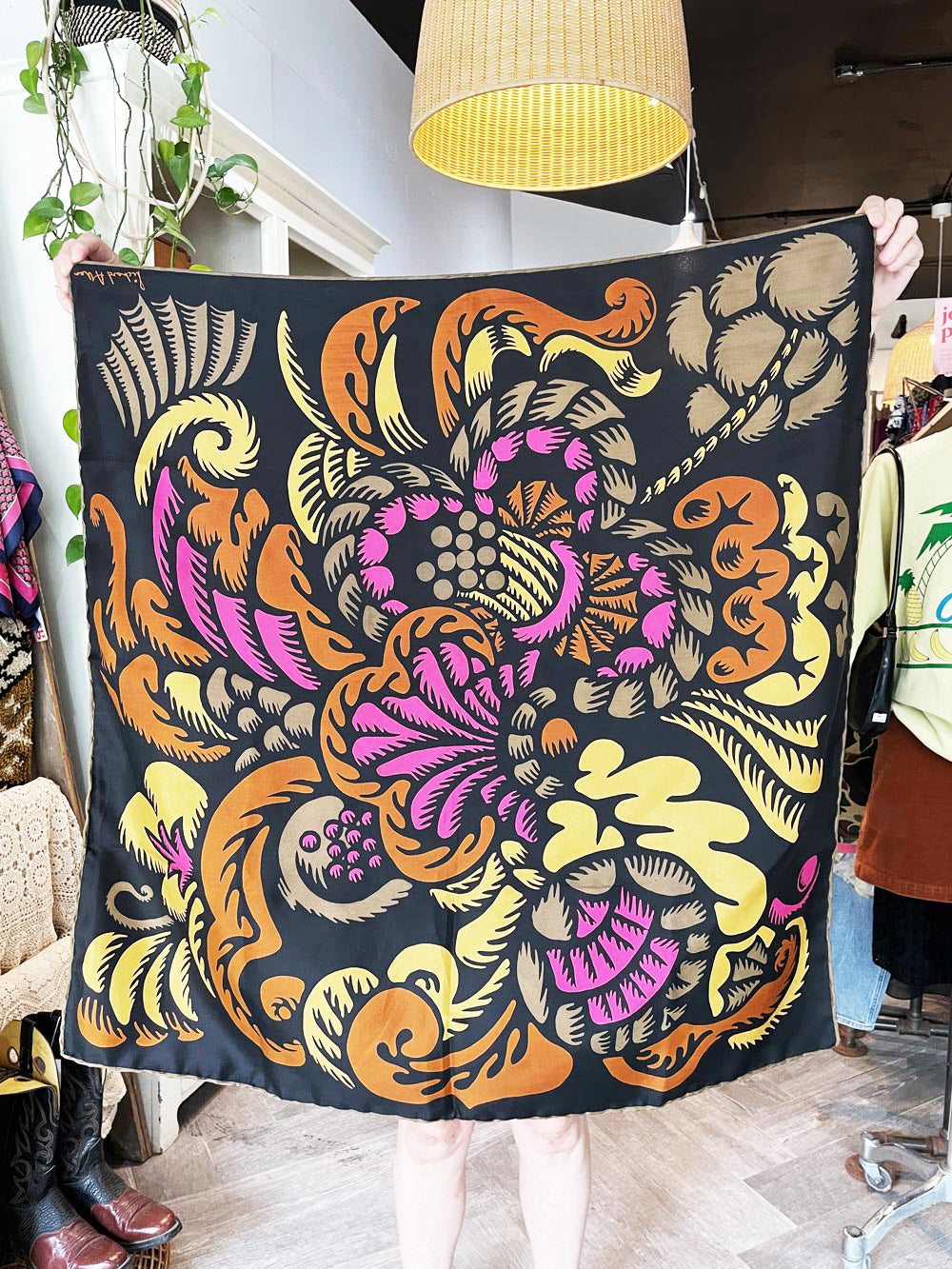 vintage 70s richard allan 100% silk op art botanicals xl square scarf | hand-rolled edge