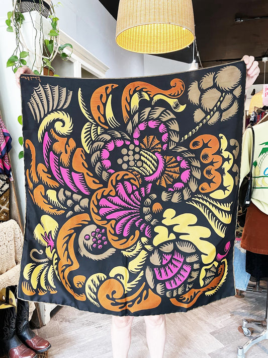 vintage 70s richard allan 100% silk op art botanicals xl square scarf | hand-rolled edge