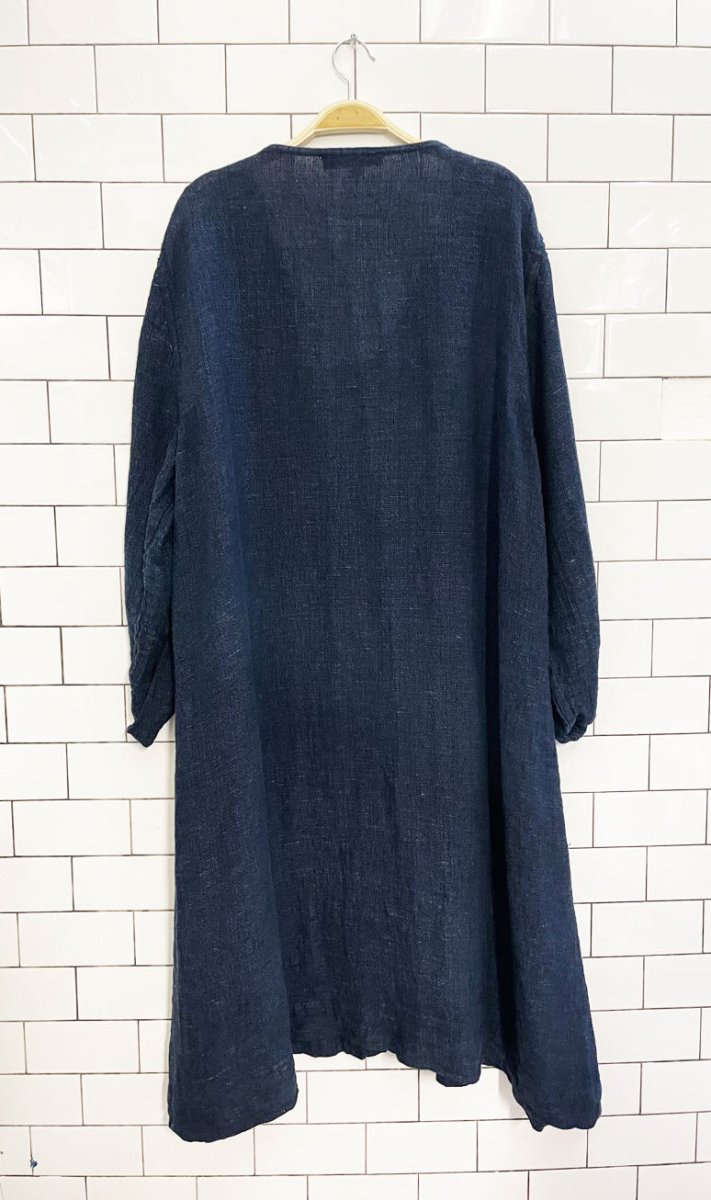 flax 100% linen textured full button midi dress / jacket - good market thrift store