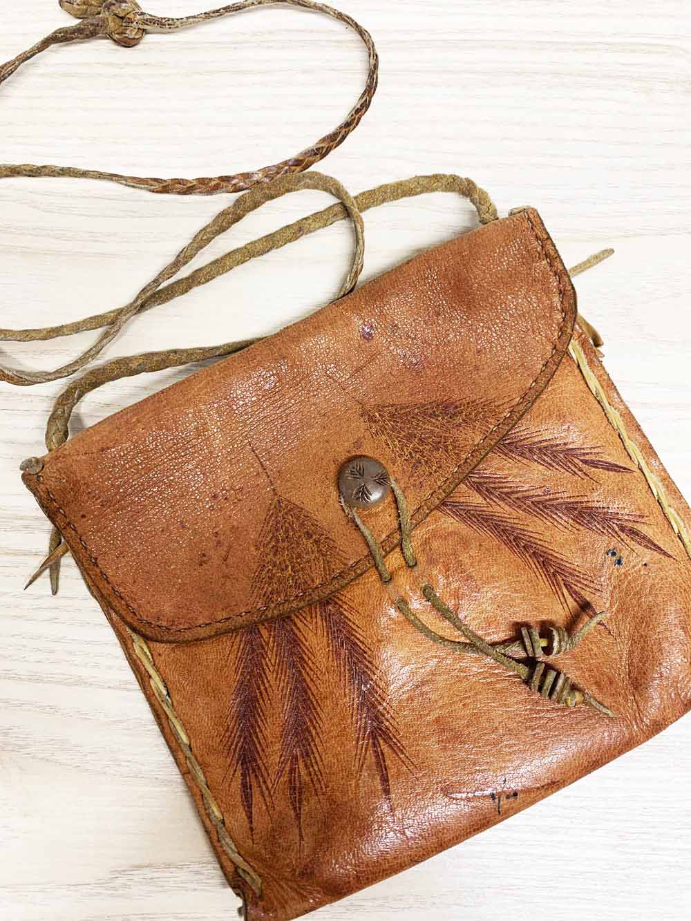 vintage deerskin leather boho leaf shoulder bag
