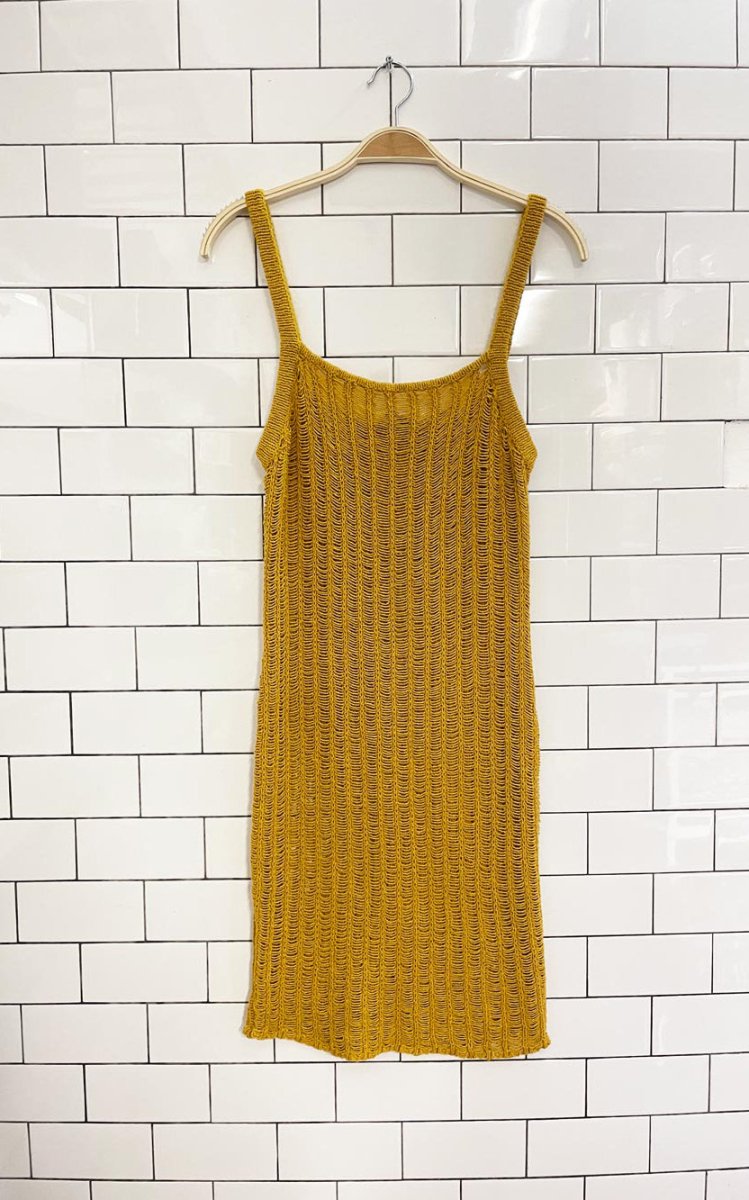f21 crochet goldenrod mini midi dress - good market thrift store