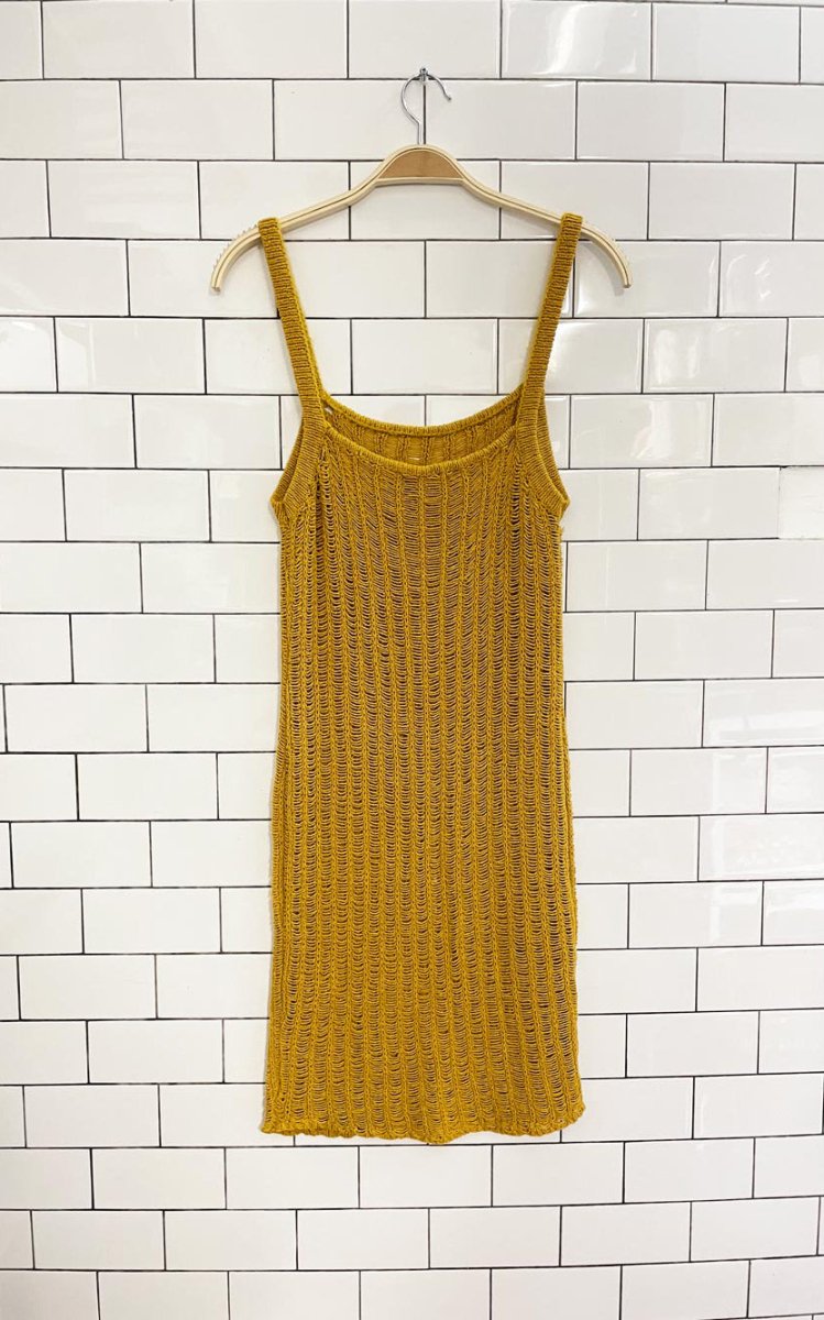 f21 crochet goldenrod mini midi dress - good market thrift store