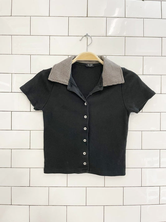 john galt houndstooth collar baby rib cardigan tee - good market thrift store