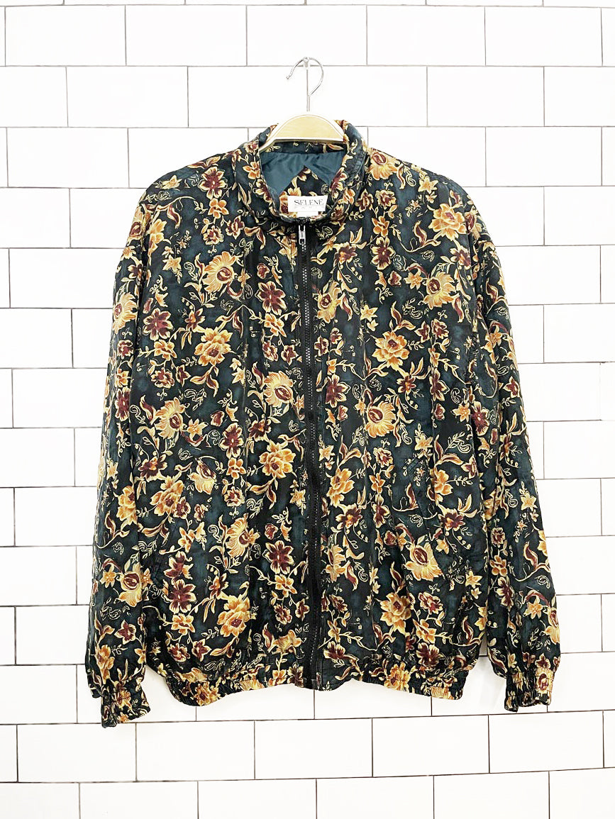 vintage selene paris 100% silk floral bomber jacket