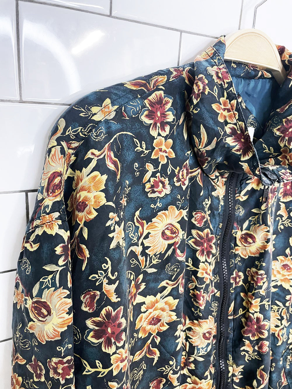 vintage selene paris 100% silk floral bomber jacket