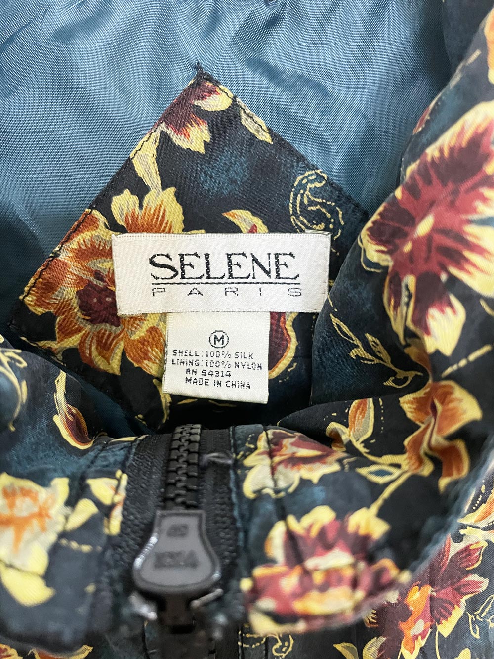 vintage selene paris 100% silk floral bomber jacket