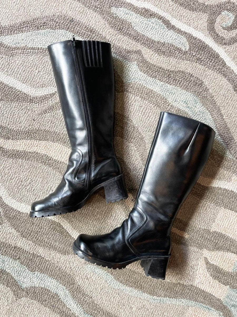 y2k ID2 leather knee - high heeled boots - good market thrift store