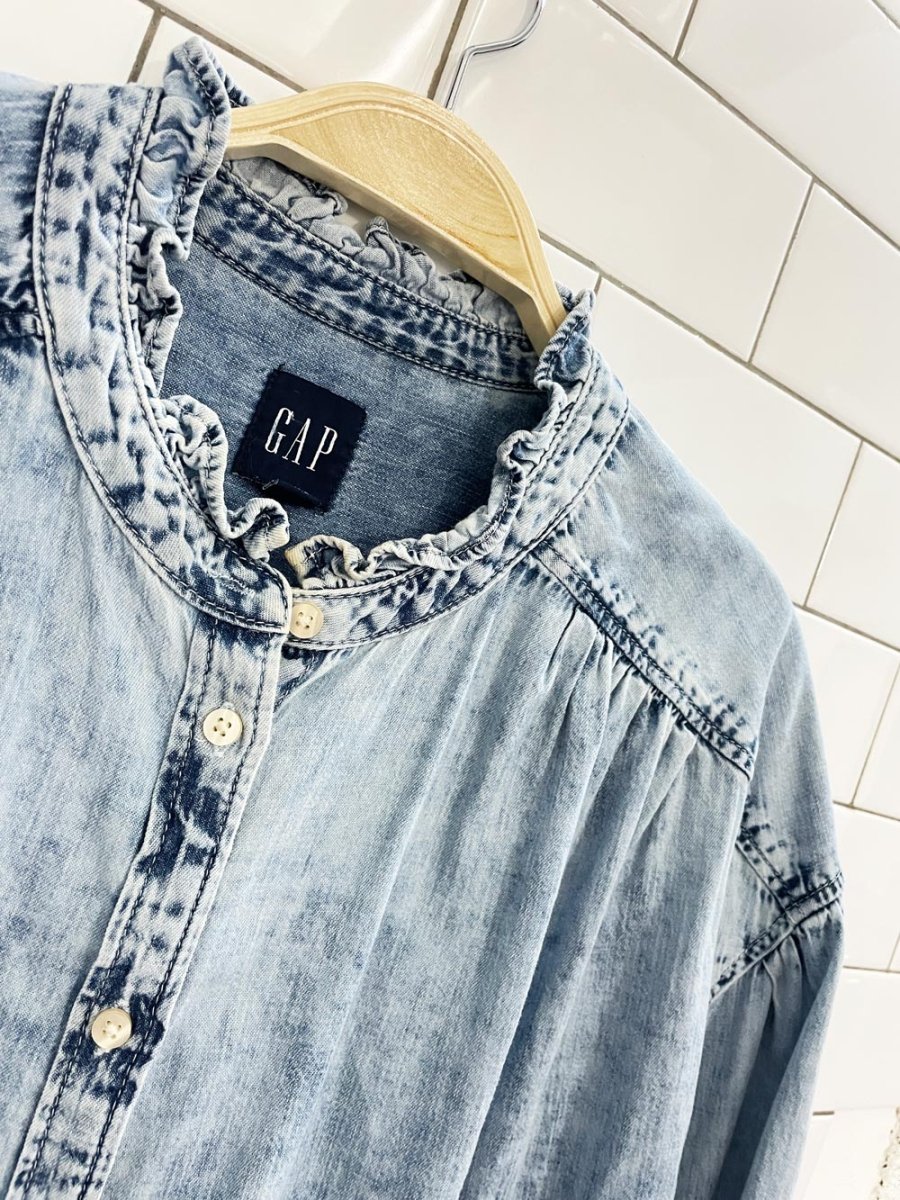 gap acid wash ruffle denim prairie shirt - good market thrift store