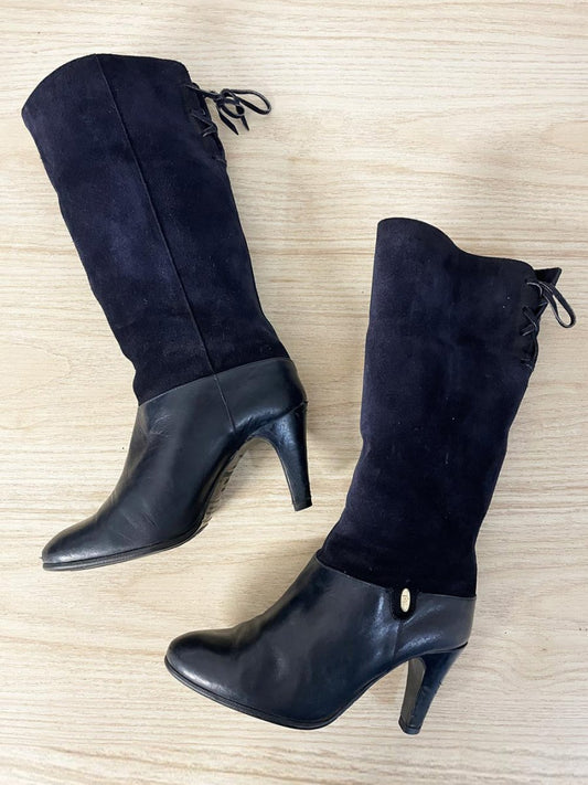 vintage 80s pertti palmroth lace up detail suede leather heeled boots | finland - good market thrift store