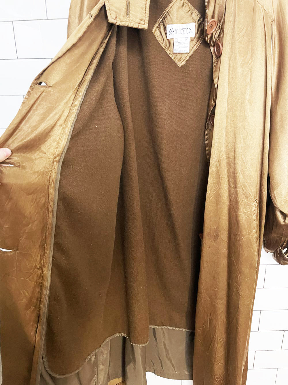 vintage mystic metallic satin pleated raglan shoulder trench coat
