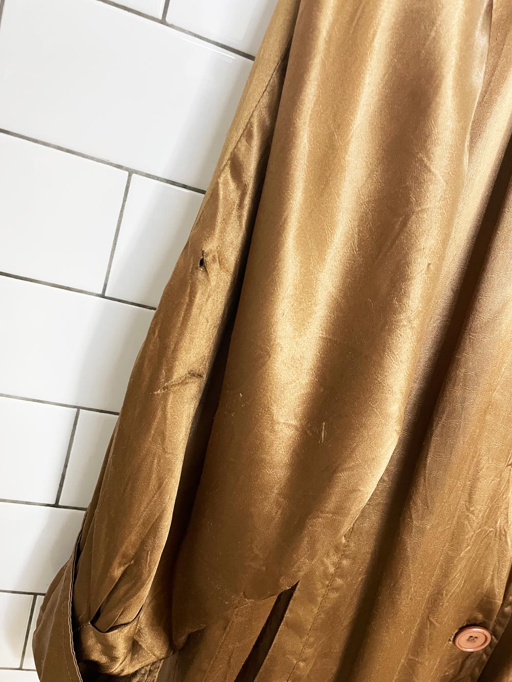 vintage mystic metallic satin pleated raglan shoulder trench coat
