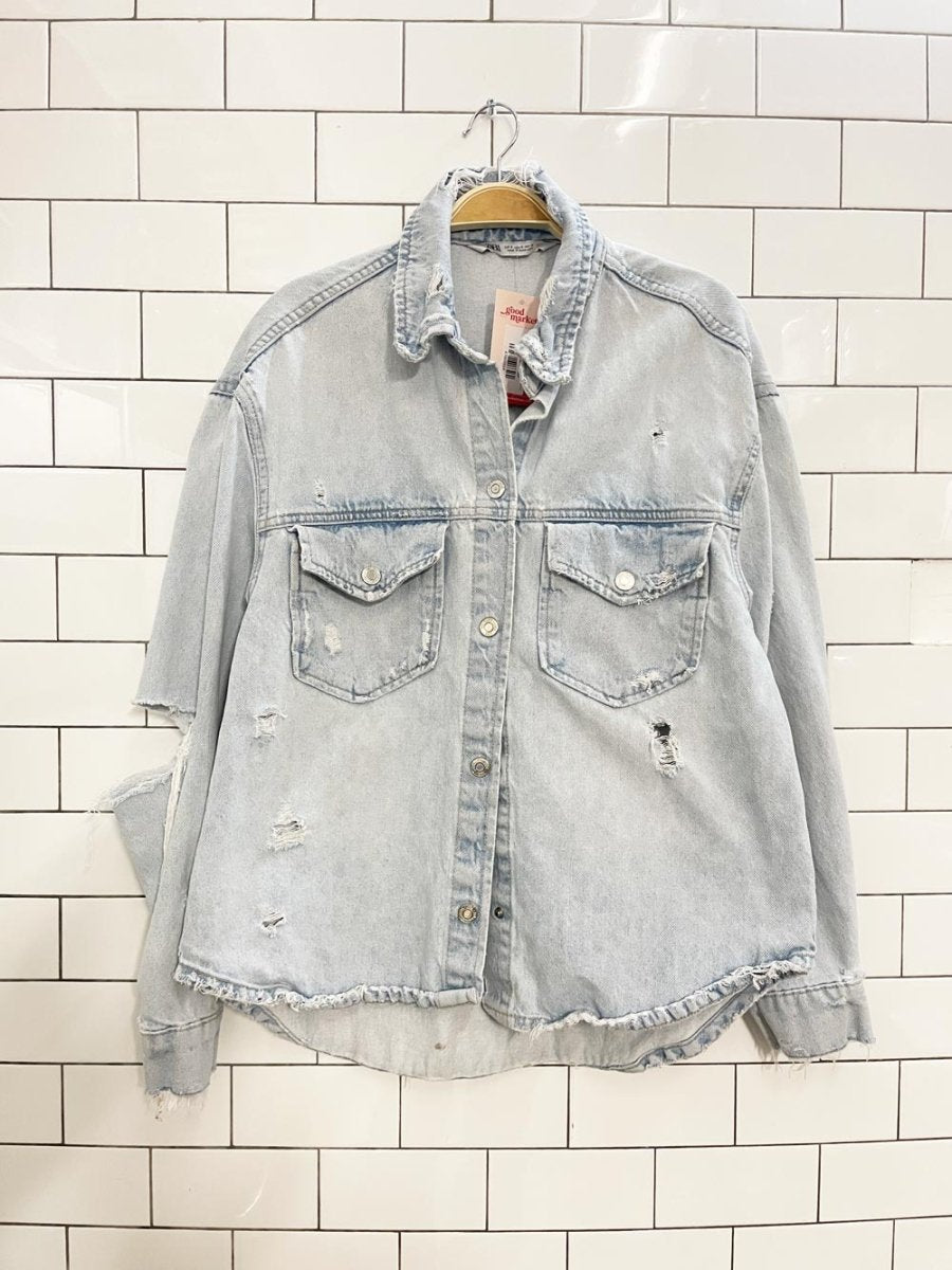 zara oversized snap button distressed denim shirt jacket - good market thrift store