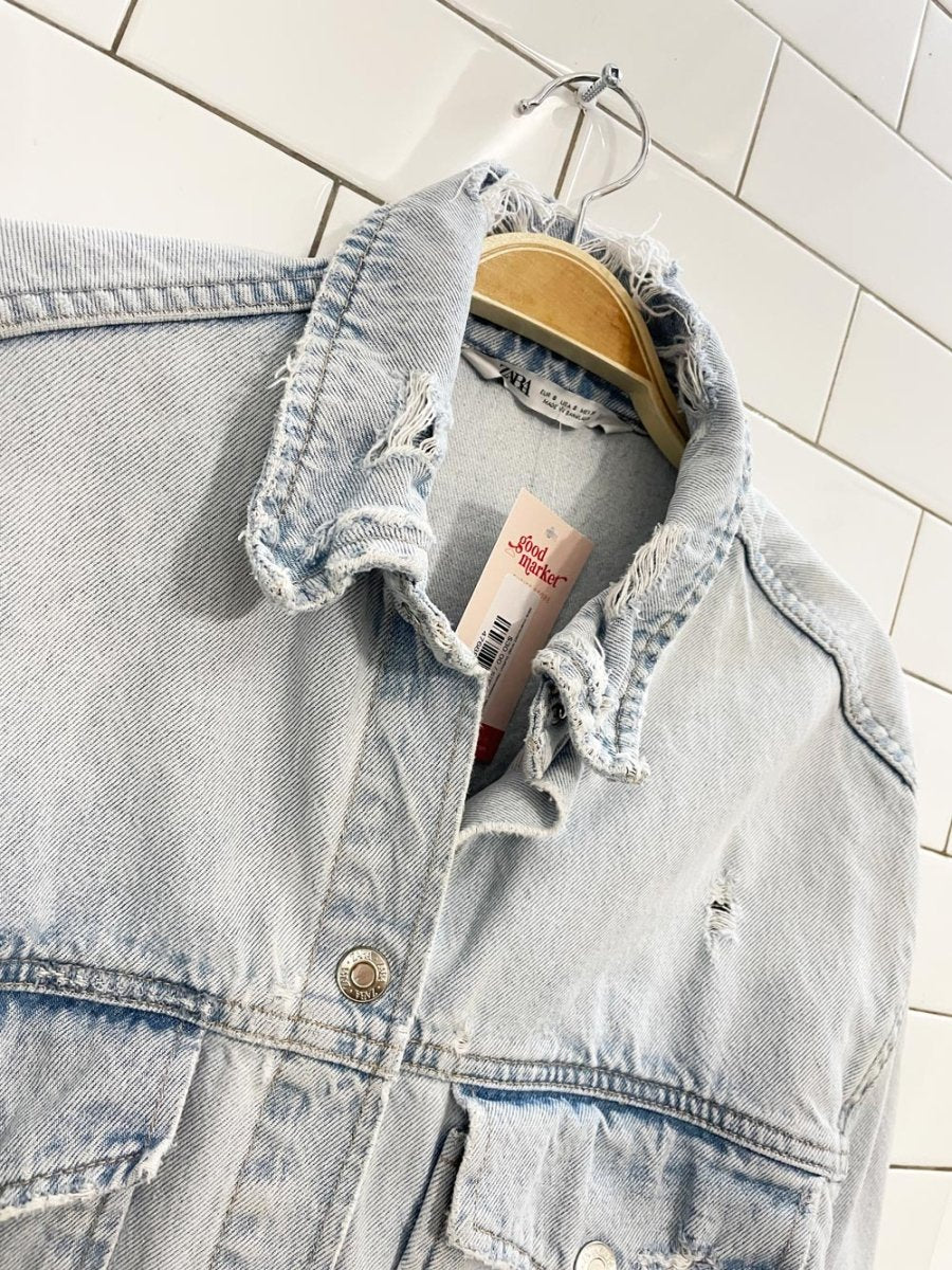 zara oversized snap button distressed denim shirt jacket - good market thrift store
